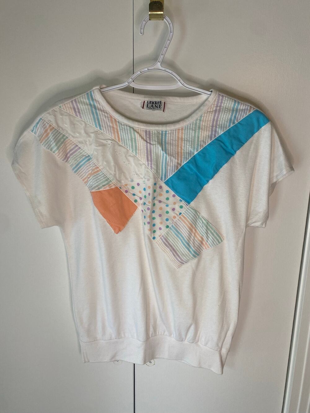 Vintage 80's Cricket Lane Short Sleeve White Patchwork Top Small